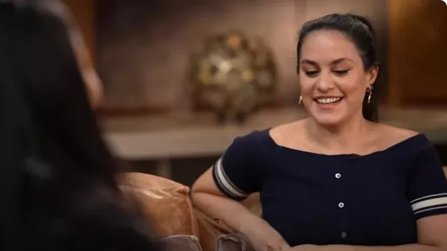 Frame Striped Detail Off-the-Shoulder Sweater worn by Donna Farizan as seen in Today on December 16, 2024