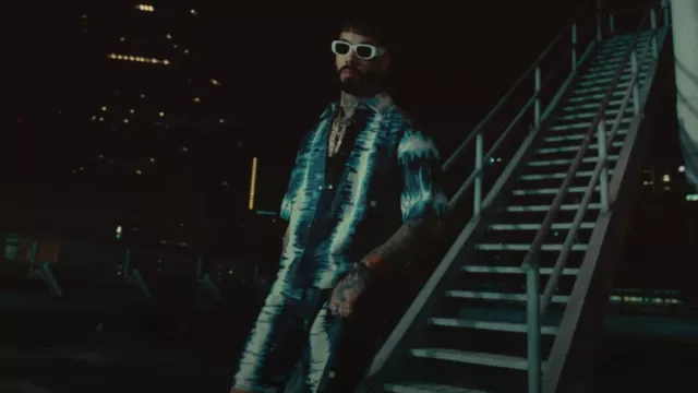 Amiri Blue Tie Dye Leather Shorts worn by Anuel AA in BLESSD ❌ ANUEL AA | MIRAME REMIX (VIDEO OFICIAL)