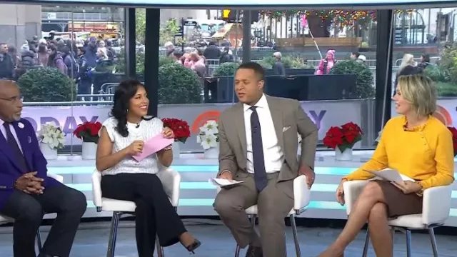 DKNY Pull court sans manches en tricot torsadé métallisé porté par Sheinelle Jones, comme on le voit dans Today le 17 décembre 2024