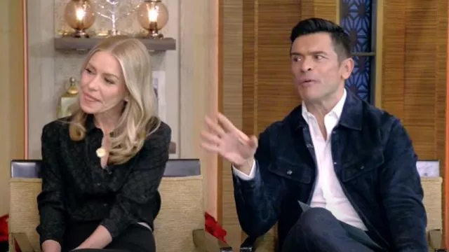 Saint Laurent Shirt in Matte and Shiny Silk worn by Kelly Ripa as seen in LIVE with Kelly and Mark on December 17, 2024