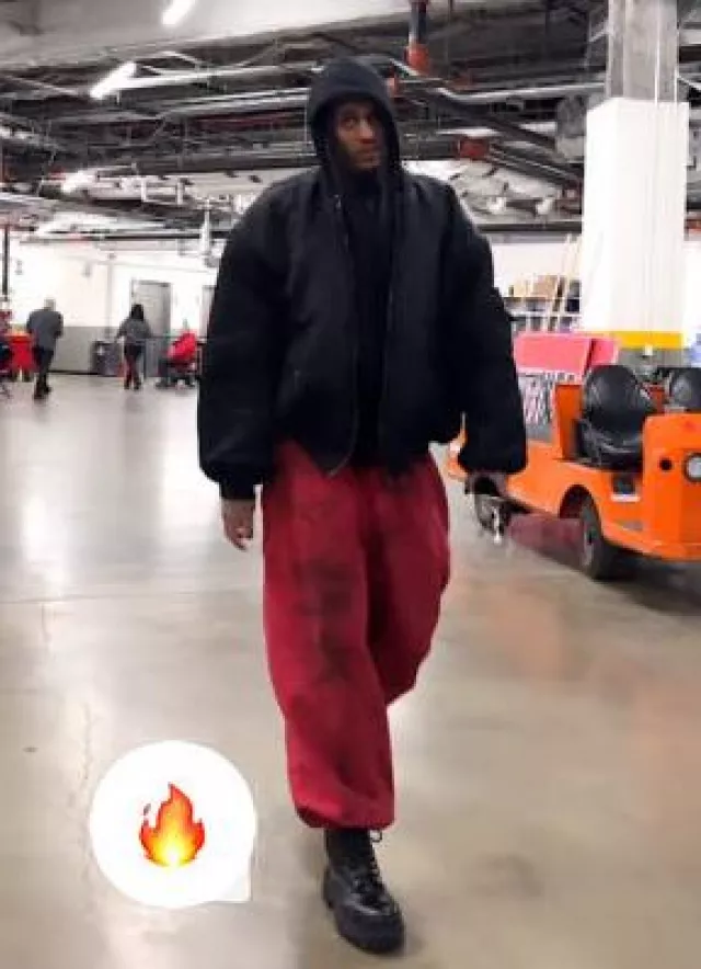 Balenciaga Red Tat Print Baggy Sweatpants worn by Jordan Clarkson on the Instagram account @utahjazz