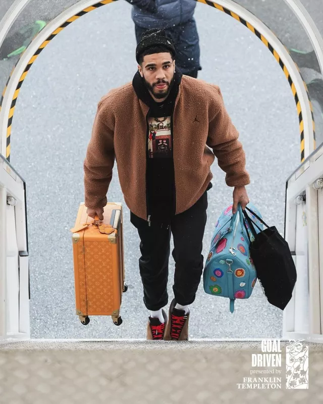 Jordan Archaeo Brown Sherpa Fleece Jacket worn by Jayson Tatum on the Instagram account @celtics