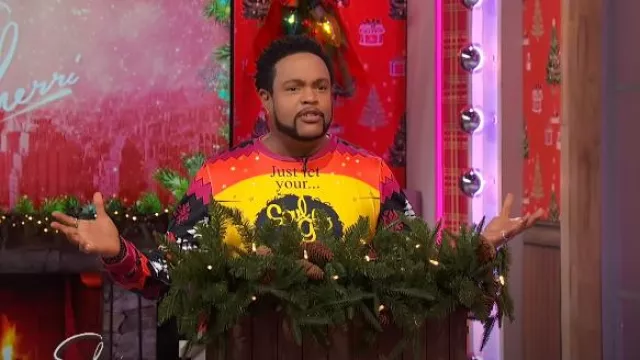 Anime GMC Darry Jenks Coming to America Ugly Christmas Sweater worn by Jawn Murray as seen in Sherri on December 12, 2024