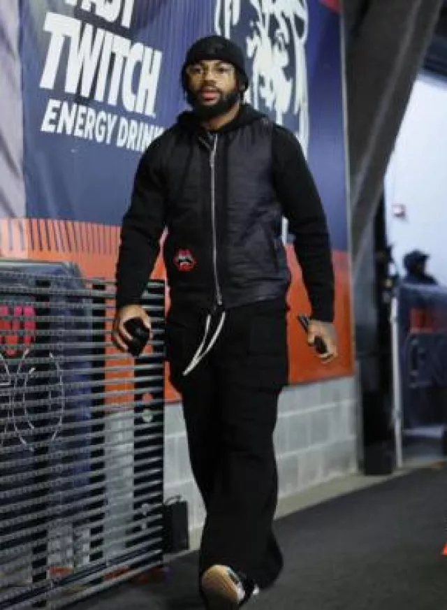 Chrome Hearts Black Leather Cross Patch Beanie worn by D'Andre Swift on the Instagram account @chicagobears