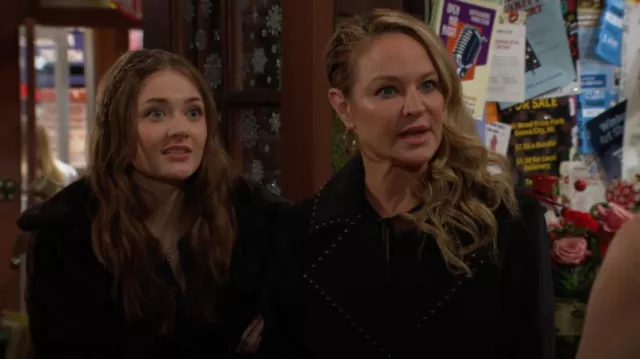 Karl Lagerfeld Paris Studded Belted Wrap Coat worn by  Sharon Newman (Sharon Case) as seen in The Young and the Restless  on December 11, 2024