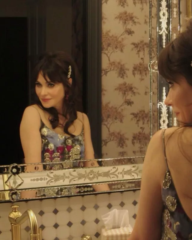 Xtabay Divine Silk Floral Print Cocktail Dress With Lame' & Sequins worn by Zooey Deschanel on the Instagram account @zooeydeschanel