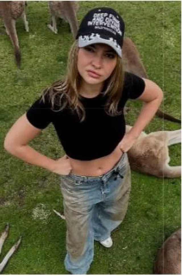 American Retro Flames Deep Funk and Divine Intervention Hat worn by Madelyn Cline on her Instagram Post on December 27, 2024
