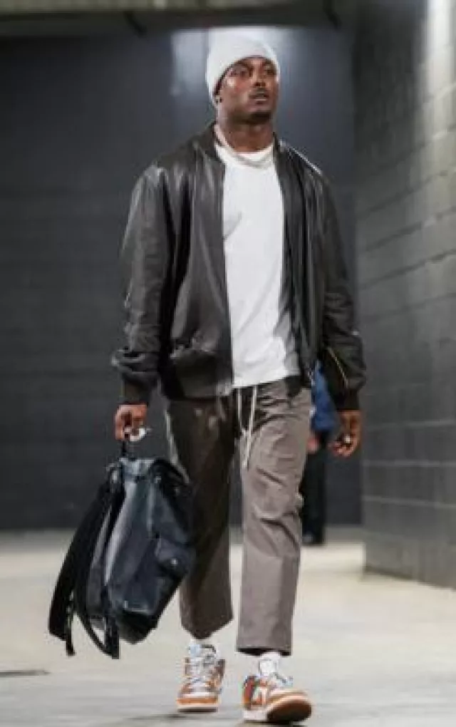 Louis Vuitton Black Leather Reversible Bomber Jacket worn by Jayden Daniels on the Instagram account @commanders