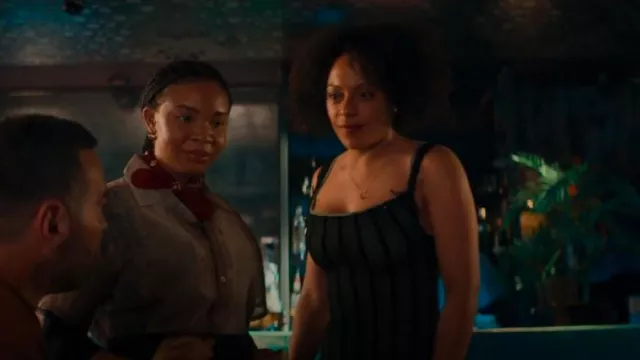 Of Planet Earth Beetlejuice Midi Dress In Green And Black worn by DI Kat Donovan (Rosalind Eleazar) as seen in Missing You (S01E01)