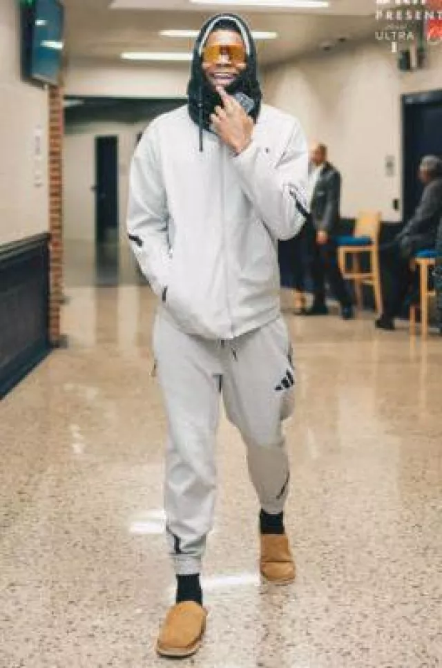 UGG Chestnut Brown Classic Slip Ons worn by Anthony Edwards on the Instagram account @timberwolves