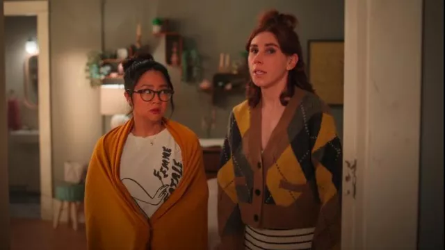 Re/Done Argyle Cardigan worn by AJ (Zosia Mamet) as seen in Laid (S01E05)