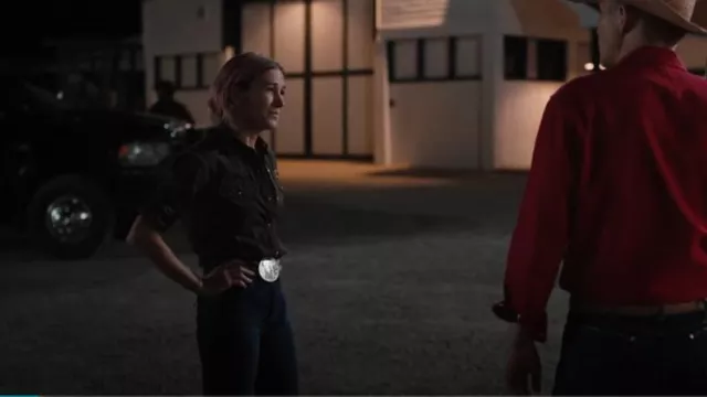 Kimes Ranch Women's Dark Wash Jennifer High Rise Wide Flare Jeans worn by Teeter (Jennifer Landon) as seen in Yellowstone (S05E14)