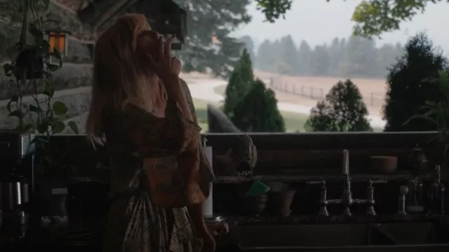 Spell and the Gypsy Delirium Robe in Gold worn by Beth Dutton (Kelly Reilly) as seen in Yellowstone (S05E14)