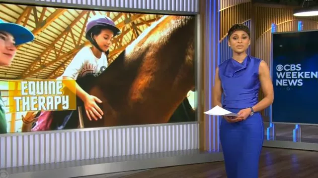 Herve Leger Icon Bandage Pencil Midi-Skirt in Violet worn by Jericka Duncan as seen in CBS Evening News on  December 30, 2024