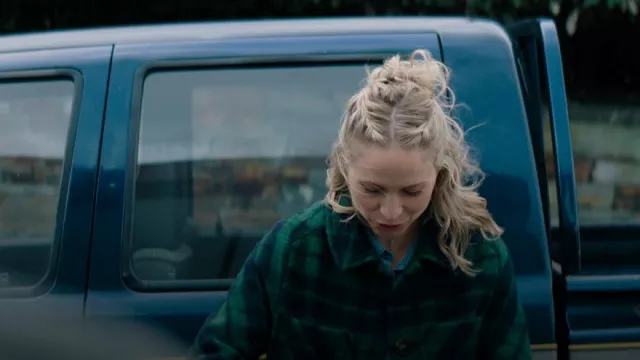 Sezane Paolo Plaid Coat worn by Maddie Wilson (Niamh Algar) as seen in Playing Nice (S01E01)