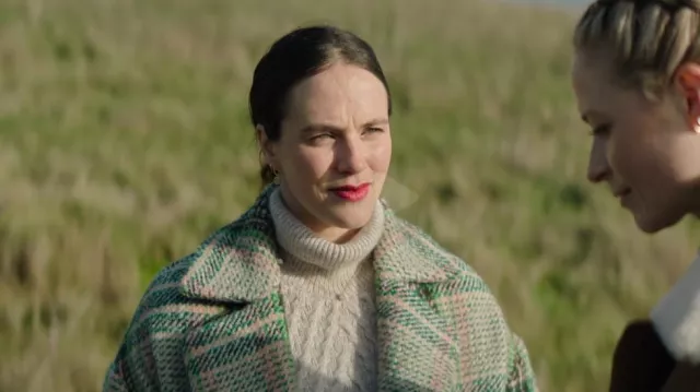 Jaeger Checked Longline Boyfriend Coat with Wool worn by Lucy Lambert (Jessica Brown Findlay) as seen in Playing Nice (S01E01)