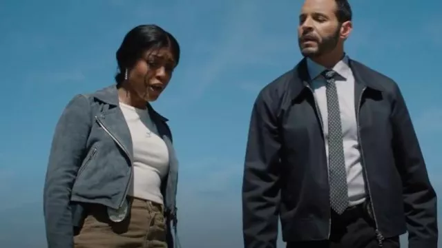 AllSaints Suede Dalby Crop Biker In Pale Denim Blue worn by Daphne Forrester (Javicia Leslie) as seen in High Potential (S01E08)