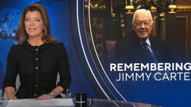Dolce & Gabbana Raschel Tweed Shirtdress worn by Norah O'Donnell as seen in CBS Evening News on January 7, 2025