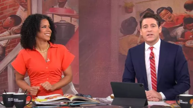 Saunders Collective Ruched Shirt Dress worn by Adriana Díaz as seen in CBS Mornings on January 7, 2025