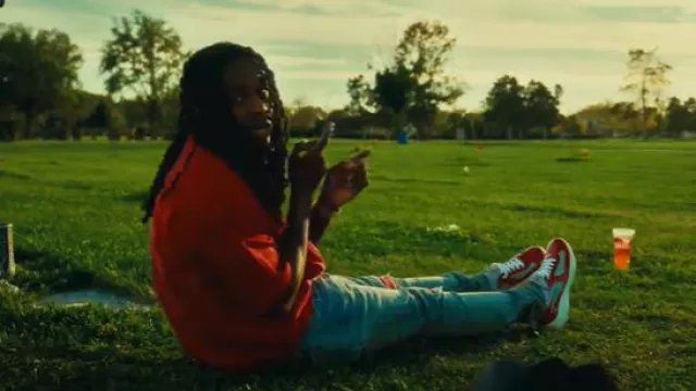 Amiri Antique Indigo & Red Suede 'MX1' Jeans worn by Polo G in Polo G - Thug Memorials (Official Video)