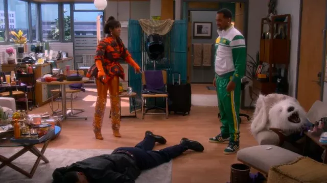 Azalea Wang Mainstreet Orange Abstract Embellished Boot worn by Tasha (Gabrielle Dennis) as seen in The Upshaws (S06E01)
