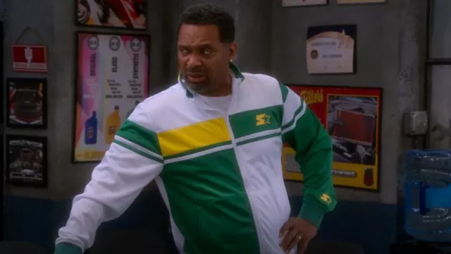 Starter Men's Jordan Classic-Fit Colorblocked Full-Zip Track Jacket worn by Bernard Upshaw (Mike Epps) as seen in The Upshaws (S06E01)