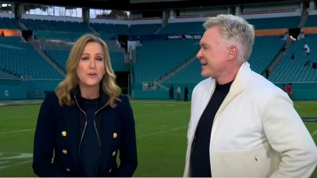 Veronica Beard Miller Dickey Jacket in Navy With Gold Buttons worn by Lara Spencer as seen in Good Morning America on January 10, 2025