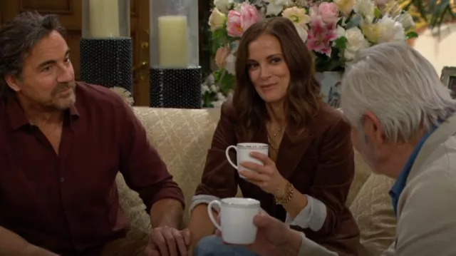 Veronia Beard Reagan Corduroy Blazer in Dark Cocoa worn by  Taylor Hayes(Rebecca Budig) as seen in The Bold and the Beautiful on January 13, 2025