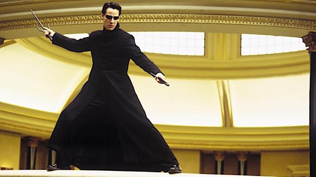 The authentic coat worn by Neo (Keanu Reeves) in the movie The Matrix Reloaded