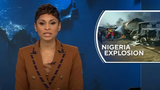 Veronica Beard Miller Striped-Trim Dickey Jacket in Dark Ochre worn by Jericka Duncan as seen in CBS Evening News on January 20, 2025