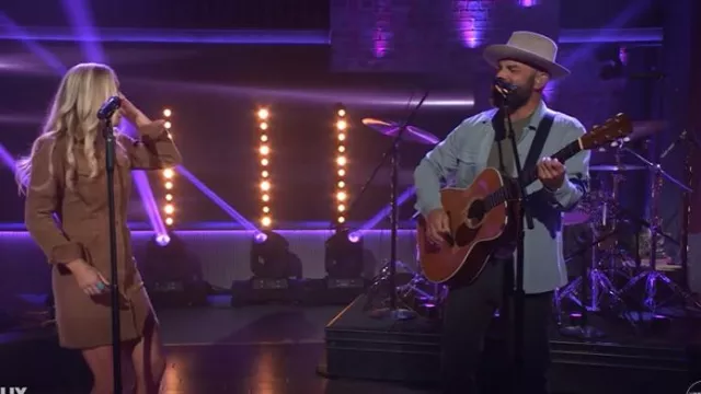 Faherty Softstetch Cord Michelle Shirt Dress worn by Ellie Holcomb as seen in The Kelly Clarkson Show on January 10, 2025