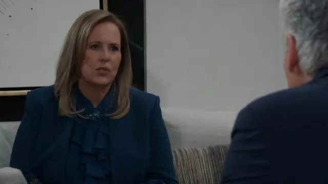 Calvin Klein Ruffle-Front Long-Sleeve Blouse worn by  Laura Collins(Genie Francis) as seen in General Hospital on December 27, 2024