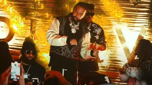 Who Decides War Black 'Notre Dame' Varsity Jacket worn by French Montana in BossMan Dlow - Mo Chicken Ft. French Montana (Official Video)