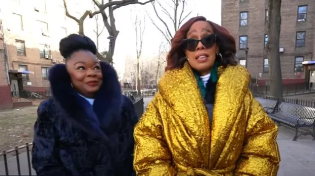 Dries van Noten Voltaire Oversize Lamé Puffer Coat worn by Gayle King as seen in CBS Mornings on January 28, 2025