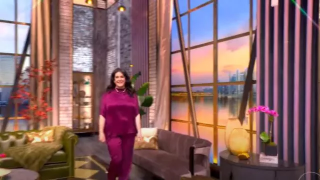 LaPointe Relaxed Pleated Satin Pants worn by Melanie Lynskey as seen in The View on February 5, 2025