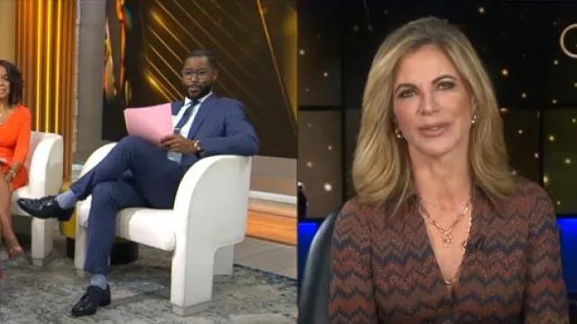 Vestido de Ramy Brook Lydia en silla de montar chevron usado por Natalie Morales como se ve en CBS Mornings el 12 de febrero de 2025