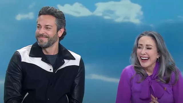 All Saints Endleton Contrast Bomber Jacket worn by Zachary Levi as seen in Today on February 18, 2025