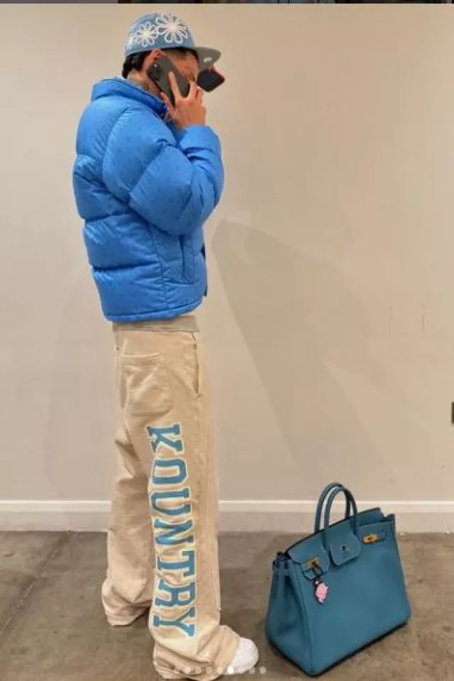 Chrome Hearts Light Blue Cross Monogram Puffer Jacket worn by Central Cee on the Instagram account @centralcee