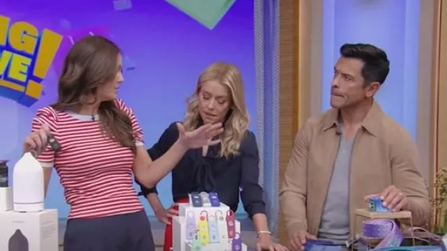 Haut rayé à manches bouffantes Maeve porté par Monica Mangini comme on le voit dans LIVE with Kelly and Mark le 13 février 2025