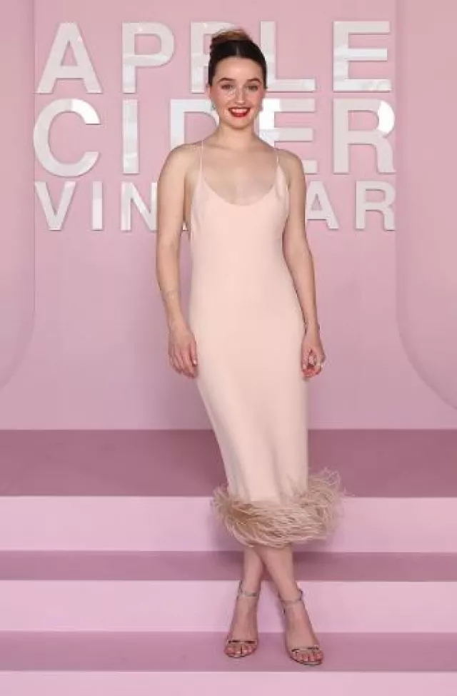 Miu Miu Feathered Stretch Cady Dress worn by Kaitlyn Dever at Apple Cider Vinegar Premiere on February 3, 2025