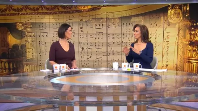 Adam Lippes Sweetheart Knit Midi Dress worn by Michelle Miller as seen in CBS Mornings on February 16, 2025
