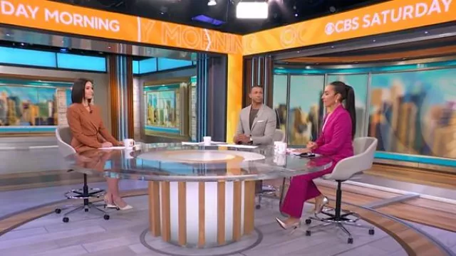 Theory Stretch Wool Straight Full-Length Trousers worn by Michelle Miller as seen in CBS Mornings on  February 23, 2025