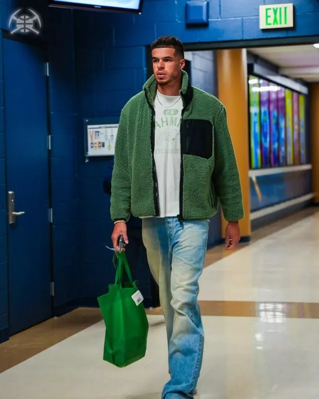 Moose Knuckles Green Sherpa Fleece Sagrak Jacket worn by Michael Porter Jr. on the Instagram account @nuggets