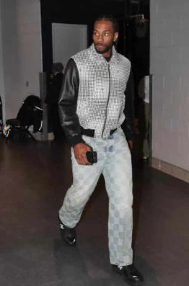 Louis Vuitton White & Black Houndstooth Varsity Jacket worn by Kawhi Leonard on the Instagram account @nbafashionfits