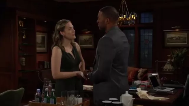 Aqua Crepe V Neck Midi Dress in Dark Green worn by  Hope Logan(Annika Noelle) as seen in The Bold and the Beautiful on February 13, 2025