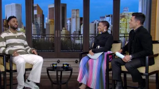 Rainbow Pleated Skirt worn by Deja Vu as seen in LIVE with Kelly and Mark on February 26, 2025