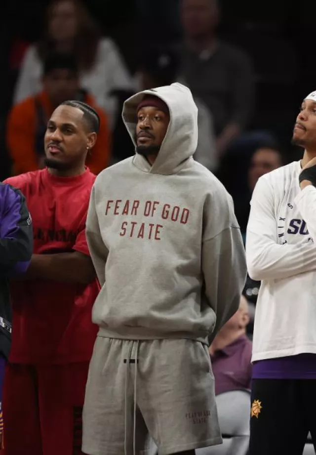 Fear Of God Dark Heather Grey & Red 'State' Fleece Hoodie worn by Bradley Beal on the Instagram account @nbafashionfits