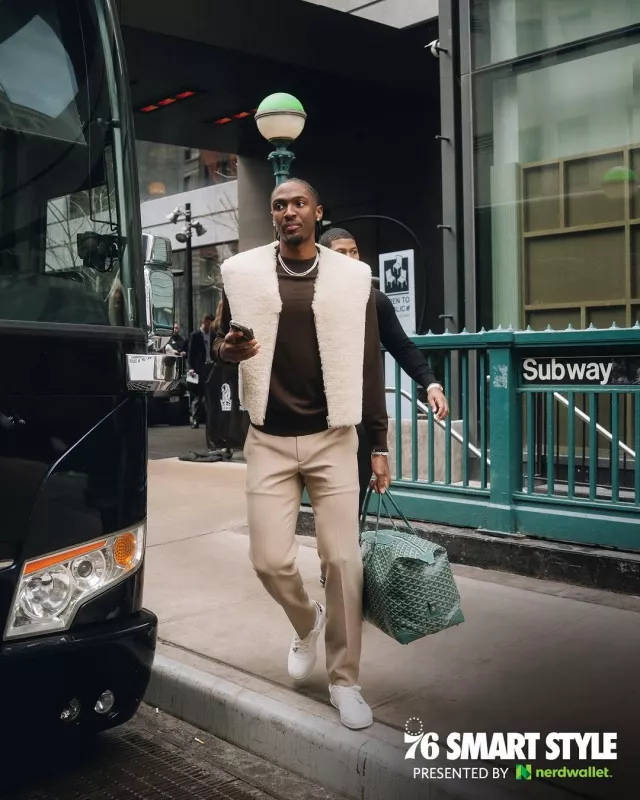 Sandro Chocolate Brown Mock Sweater worn by Tyrese Maxey on the Instagram account @sixers