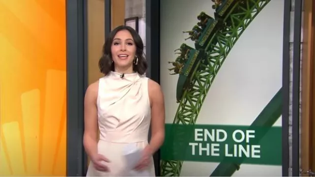 Maggy London Draped Bodice Flared Midi Dress worn by Ali Bauman as seen in CBS Mornings on March 1, 2025