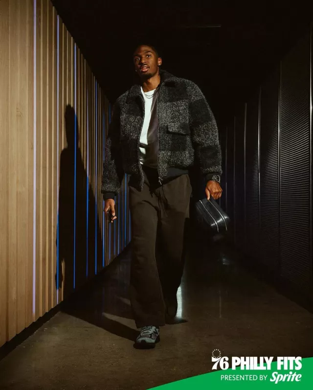 Kith Dark Grey & Navy Check Boucle Bomber Jacket worn by Tyrese Maxey on the Instagram account @sixers